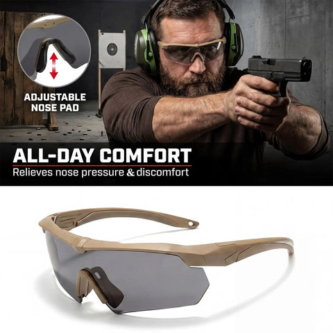 Outdoor Safety Shooting Glasses Anti Fog Tactical Goggles With 3 Interchangeable Lenses and Hard Case Lightweight Durable PC Frame Scratch Resistant All Day Comfort For Men And Women Khaki shown in action and close-up views, featuring adjustable nose pad.