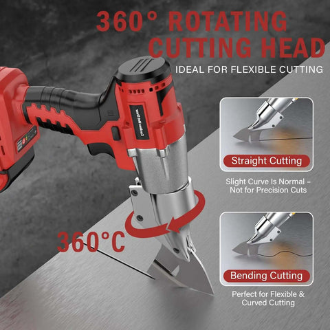 Cordless Metal Shear Tool Only For Pros, 18V Max Brushless Sheet Metal Cutter With 360 Degree Rotating Head shown cutting metal
