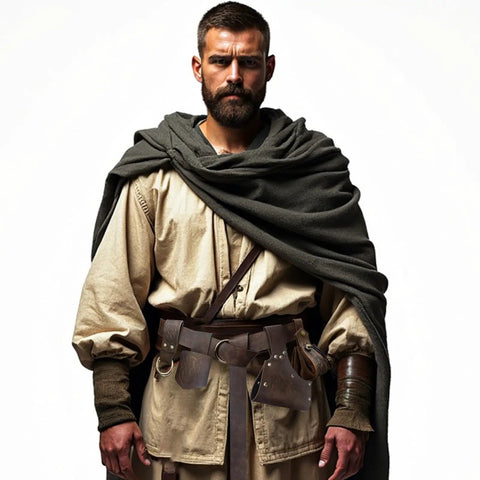 Six Piece Renaissance Belt Set With Pouch Sword Frog Horn Holster and Medieval Accessories worn by a man in medieval attire