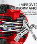 Close-up view of Snag These Heavy Duty Metal RC Crawler Drive Shafts For 1/16 Scale Trucks with truck chassis details.