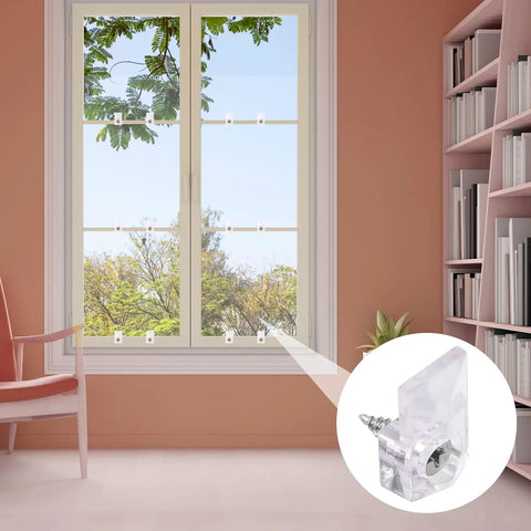 Heavy Duty Mirror Hangers With Screws Clear Plastic Wall Mount Clamps For Frameless Glass Panels And Cabinet Doors Rock Solid Invisible Retainer Kit No Fuss Installation in a modern window setting.
