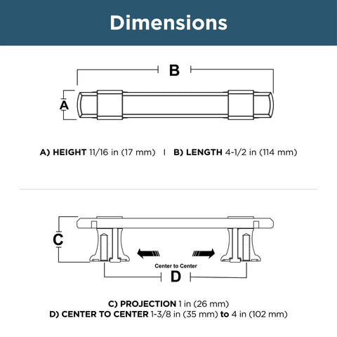 Diagram of Matte Black Adjustable Drawer Pulls 5 Pack Fits 1-3/8 To 4 Inch Hole Centers with dimensions listed.