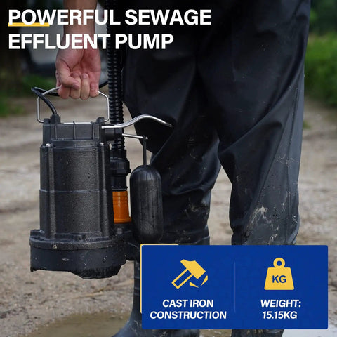 Person holding One Third Horsepower Submersible Sump Pump For Basements And Sewage Drainage, 3150 GPH, Cast Iron Build