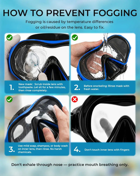 Step-by-step anti-fog tips for Snorkel Mask For Adults And Teens, Leak-Proof Swim Goggles With 180-Degree Panoramic View.