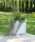 Maintenance Free Vinyl Outdoor Planter Box 16 Inch Square 19 Inch High With 2x2 Leg Supports And One Point Five By Four Rails Hardware Included Made In USA Stackable For Expanding Patio Garden Weather Resistant Construction For Year Round Outdoor Use, white vinyl planter on deck
