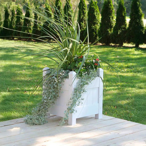 Maintenance Free Vinyl Outdoor Planter Box 16 Inch Square 19 Inch High With 2x2 Leg Supports And One Point Five By Four Rails Hardware Included Made In USA Stackable For Expanding Patio Garden Weather Resistant Construction For Year Round Outdoor Use, white vinyl planter on deck