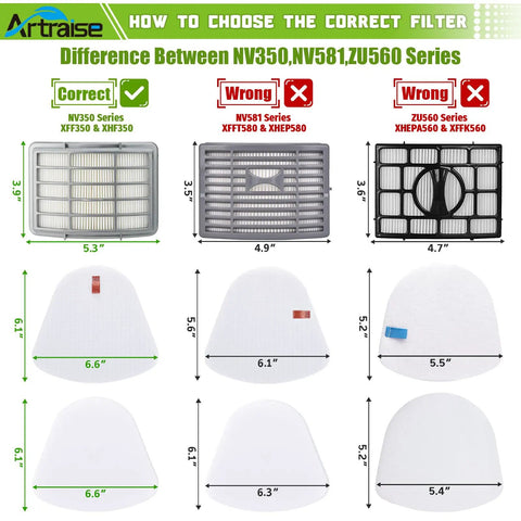 Gotta Have Replacement Filter Set for Navigator Lift Away showing different filter sizes for NV350, NV581, ZU560 series comparison.