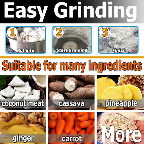Industrial Grade Coconut Grinder And Root Veg Processor ingredients like coconut, cassava, pineapple, ginger, carrot shown for use.