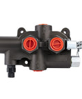 Front view of 1-spool hydraulic directional control valve with two red port caps and black body.