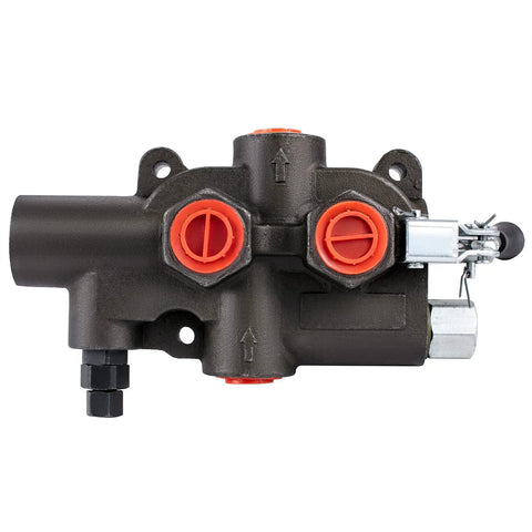 Hydraulic directional control valve, 1-spool, black body with red port caps and silver side actuator