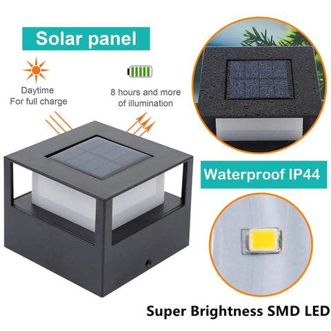 4 Pack Solar Post Lights, 20 Lumen Warm White SMD LED Cap Lights, Solar Powered And Waterproof detail view with solar panel and IP44 design