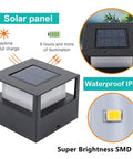 Close-up of Six Pack Solar Post Lights with 20 Lumen Warm White LED, showing solar panel and IP44 waterproof rating for outdoor use.