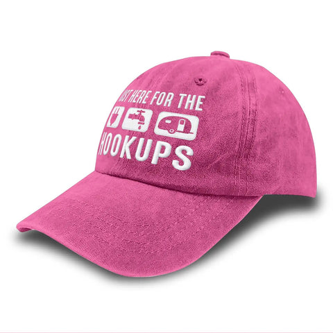 Embroidered Sun Hat For Camping And RV Life, rose red cap with Hookups slogan, lightweight design, side view