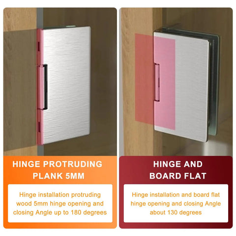Rock Solid Brushed Steel Hydraulic Glass Door Hinge Dead Quiet Self Closing System showing hinge installation types for 130 and 180 degrees.