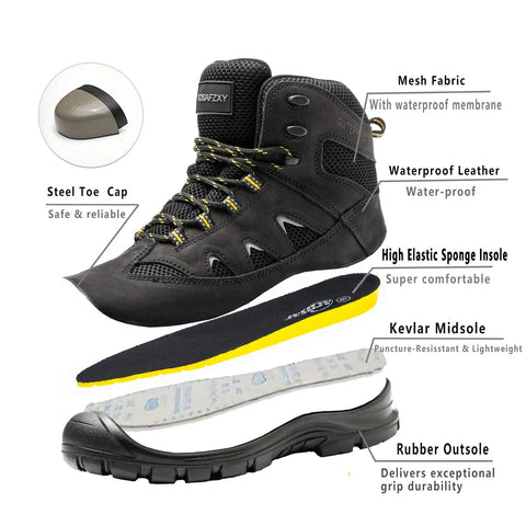 Waterproof Steel Toe Work Boots For Men 6 Inch Non Slip Safety Shoes Outdoor Black Size 14 with steel cap, mesh, rubber, Kevlar features.