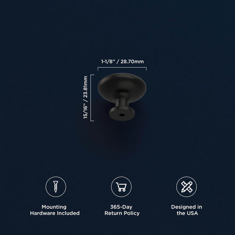 Round Matte Black Kitchen Cabinet Knobs 10 Pack Durable Drawer And Dresser Knobs For Cabinets And Bathroom Drawers One And One Eighth Inch Easy Install Slick Modern Hardware By Hickory Hardware, single knob image with measurements