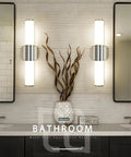Two Light Vanity Lights With Milk Glass Shade In Chrome Finish Up And Down Wall Sconces over bathroom mirror