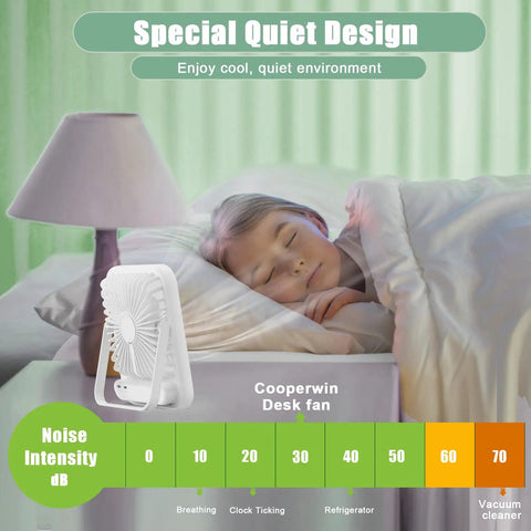 Sleeping child with Six Point Eight Inch Portable Personal Desk Fan With Rechargeable Battery Adjustable Zero To One Hundred Speed Control LED Real Time Speed Display Quiet Sleep And Desk Fan For Office Bedroom Travel On Cruise Ships Or Beach Vacations on nightstand