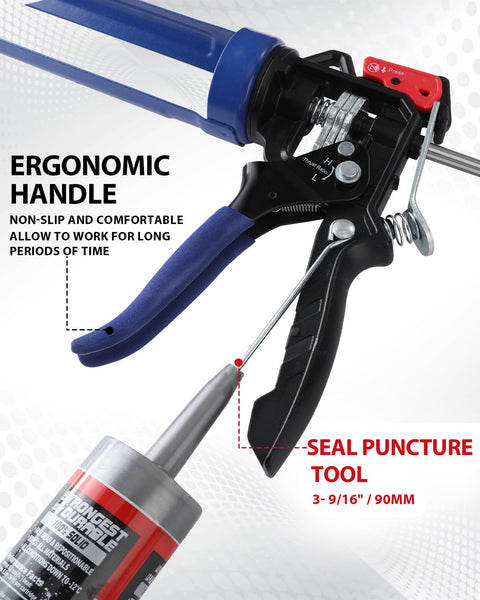 Close-up of ergonomic handle on Caulking Gun With Adjustable Flow For 10 Oz Tubes 18 To 1 High Thrust And 9 To 1 Low Flow.