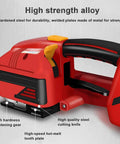 Close-up of Straight Up Heavy Duty Handheld Strapping Machine For Zero Sweat Warehouse Packing Jobs With Rechargeable Battery and Auto Melt Fuse Technology.