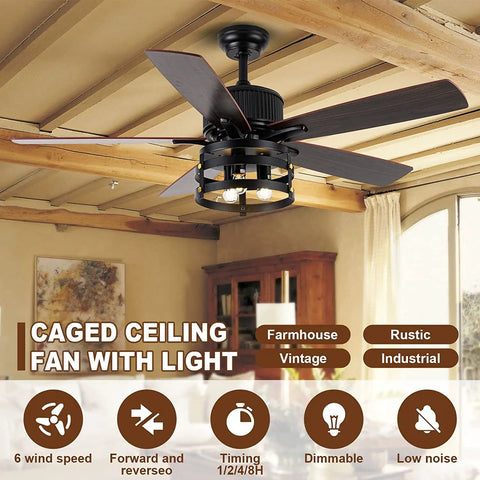 Retractable Caged Ceiling Fan With Lights For Indoor And Outdoor Use Dope Industrial Low Profile Ceiling Fan With Reversible DC Motor 36 Inch