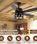 Retractable 36 Inch Farmhouse Rustic Ceiling Fan With Light Caged Style in living room, brown blades, remote control features listed