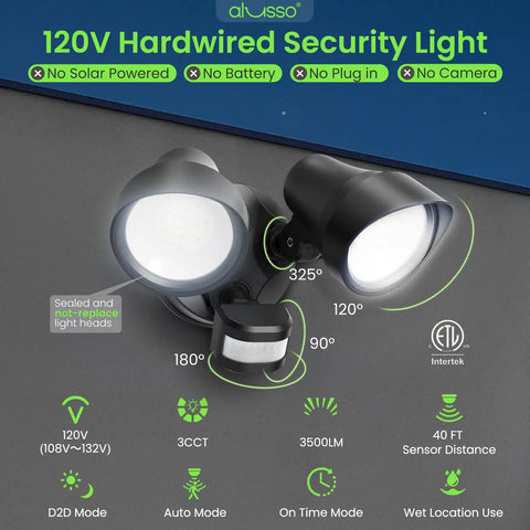 Motion Sensor Outdoor Flood Lights 30W 3500LM 120V With Dusk To Dawn Auto On Time Modes 3000K 4000K 6500K Waterproof Hardwired Security Light ETL Listed For Porch Easy Install