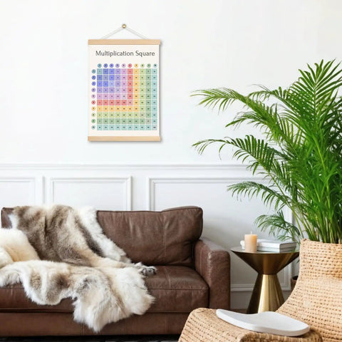 Multiplication Square Poster With Integrated Hanger Frame Kid Friendly Classroom Decor Times Table Chart Math Learning Poster Sized 12.5 By 17 Inches Ideal For Classrooms Bedrooms Playrooms Nurseries displayed in a living room setting.