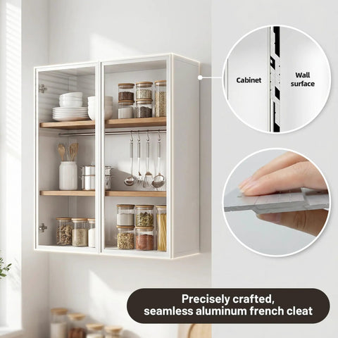 French Cleat Wall Hanger 30 Inch Heavy Duty Z Bar Mount 200 Lbs on a kitchen cabinet with glass doors holding jars and utensils.