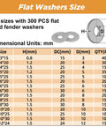 300 Piece Stainless Steel Washer Set With 15 Sizes From M3 To M12 Flat And Fender Washers 304 Stainless For Screws And Bolts Pro Grade DIY Home Auto Workshop Gear size chart, M3 to M12, 304 stainless steel, flat washers