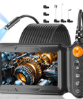 Dual Lens Endoscope Camera With Light Borescope displaying HD image of machinery on its 5 inch screen, coiled semi-rigid cable visible.
