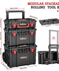 Heavy Duty 3 Tier Rolling Tool Box With Wheels, All Terrain Waterproof Storage System, shown with dimensions and removable trays
