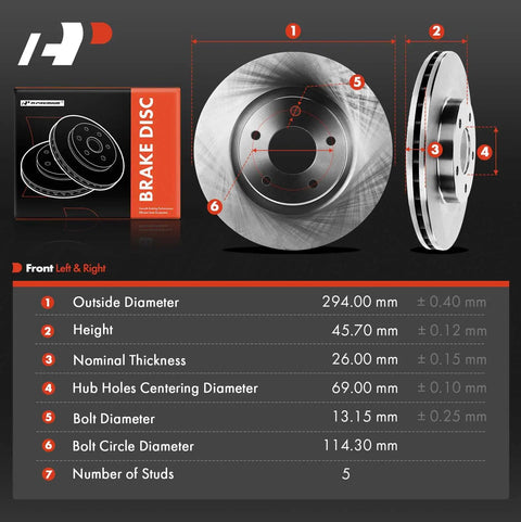 Front Vented Disc Brake Rotors Pair Compatible With Chrysler Dodge Jeep 2007 To 2017 Models dimensions and specifications.