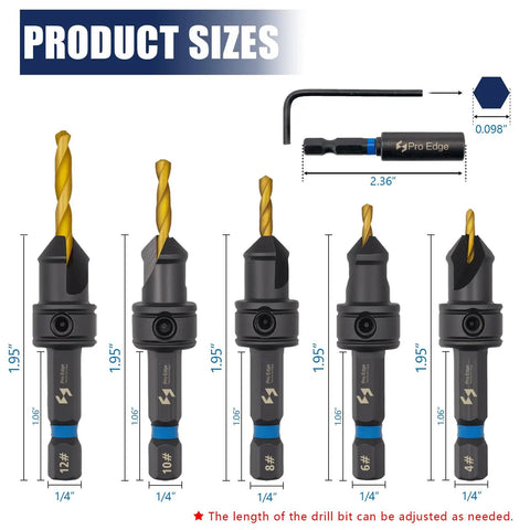 Countersink Drill Bit Set For Wood With Dual Flute 82 Degree Countersink, Five HSS Bits, Replacement Bits, Magnetic Extension Bit Holder, Hex Wrench, Adjustable Depth Pilot Hole, And Compact Storage Box dimensions