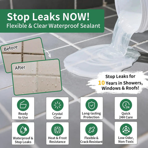 Before and after image of Transparent Waterproof Sealant Self Leveling Clear Coating 68 Ounce Tub on tile cracks.