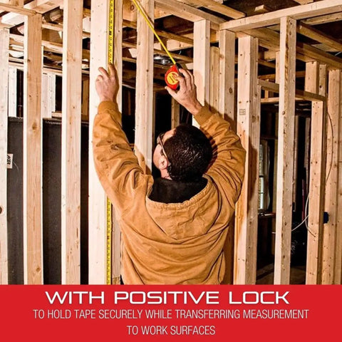 Exact Plus Retractable Metric Pocket Tape Measure with nylon coating in use on construction frame, positive lock feature visible