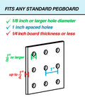 Diagram showing pegboard specifications fitting Extra Large Clear Pegboard Bins 6 Pack With Hooks For Any Peg Board Ultra Strong Storage.