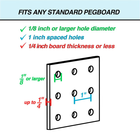 Diagram showing pegboard specifications fitting Extra Large Clear Pegboard Bins 6 Pack With Hooks For Any Peg Board Ultra Strong Storage.