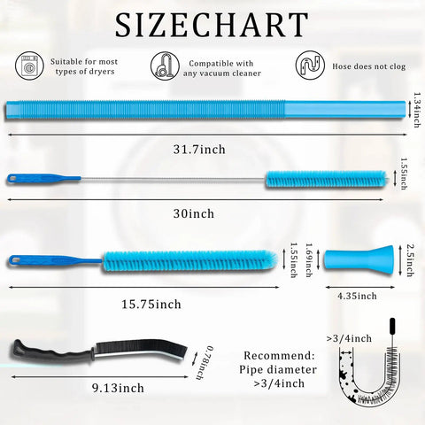 Dryer Vent Cleaning Kit With Flexible Vacuum Hose Attachment For Most Vacuums Lint Brush Cleaning Tools And Brush Set Size Chart