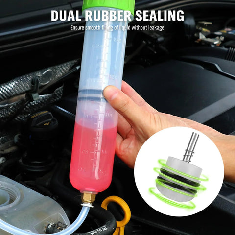 SWANLAKE 200cc fluid extractor syringe for automotive use; clear plastic with pink liquid, green cap, and attached hose.