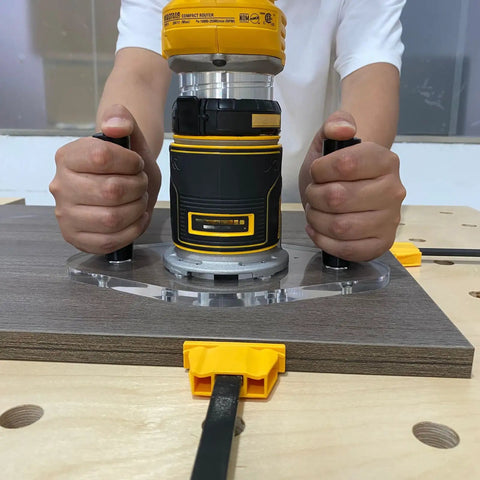 Professional Router Base Plate Compatible With Dwp611 And Dcw600b Routers used with a compact router on a wooden surface.