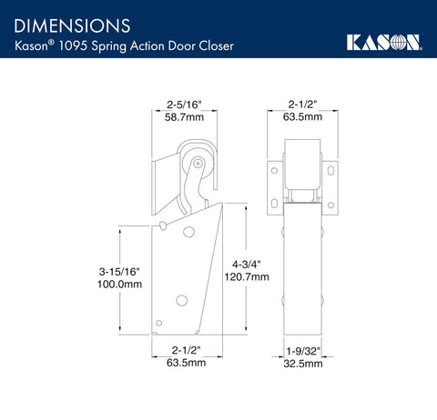 Diagram showing dimensions of Spring Action Door Closer With Adjustable Wide Hook And Concealed Mount Beefy Yet Quiet Rubber Roller.