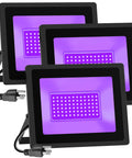 Black Light Flood Lights Two Pack 60W Each IP66 Waterproof with plug and five foot cable for lit glow parties and neon displays.