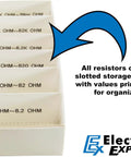 Resistor Kit 365 Piece One Quarter Watt Carbon Film With Color Guide And Reference Guide On Cardboard Storage Box Slotted