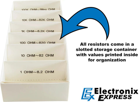 Resistor Kit 365 Piece One Quarter Watt Carbon Film With Color Guide And Reference Guide On Cardboard Storage Box Slotted