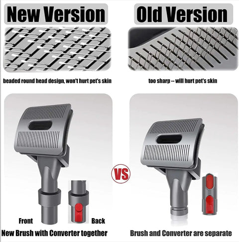 Comparison of new and old version brushes for Pet Vacuum Attachment Set For Dyson With Extended Hose And Trigger Lock 3 Grooming Tools.