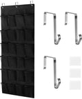 Heavy Duty Over The Door Shoe Organizer With 24 Spacious Pockets And Reinforced Seams for closet storage, black fabric with hooks.