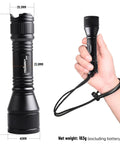 Person holding Dive Light 1000 Lumens For Scuba Night Dives IP68 Waterproof Underwater Torch with wrist strap, dimensions shown.