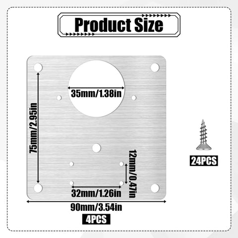Four Pack Stainless Steel Cabinet Hinge Repair Plates size dimensions with 20 fixing screws shown for kitchen cupboards and furniture
