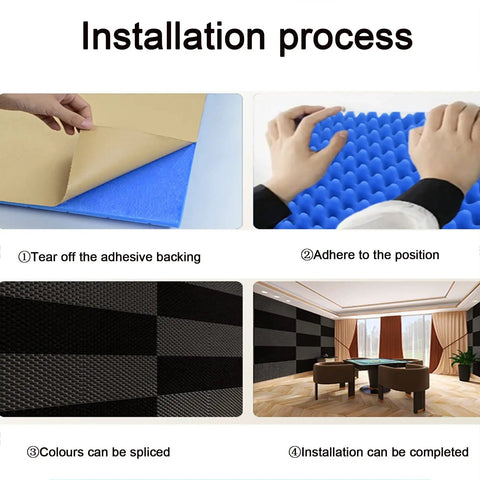 Installation process of 7cm Self-Adhesive Acoustic Foam Panel, High-Density Sound Absorbing Wall Padding, 1 x 50m for Recording Studio, Office & Home Theater, Blue.